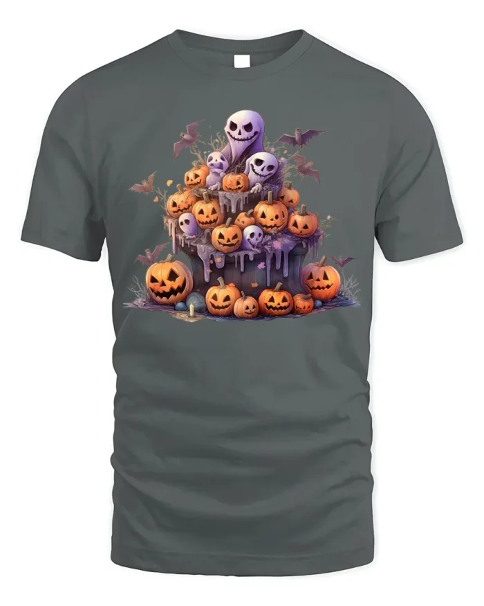 Ghost Pumpkin Pile Haunted Night Halloween Graphic Tshirt - gray t-shirt on white background