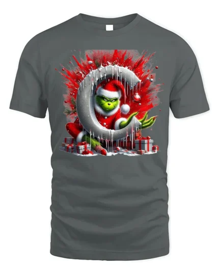 Mischief Green Santa Christmas Naughty Graphic Tshirt - gray t-shirt on white background
