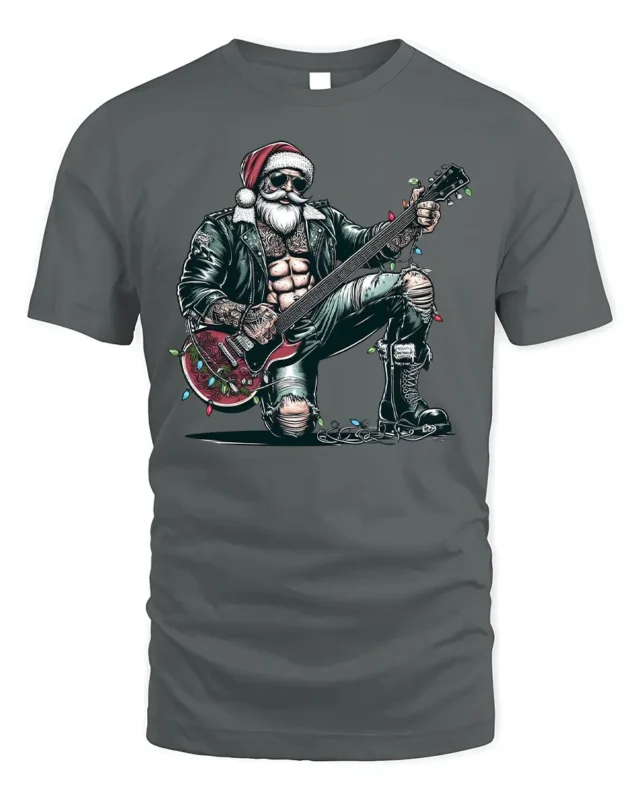 Rockstar Santa Guitar Christmas Holiday Graphic Tshirt - gray t-shirt on white background
