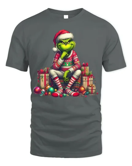Grumpy Green Santa Christmas Gifts Funny Graphic Tshirt - gray t-shirt on white background