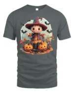 Cute Pumpkin Witch Scarecrow Halloween Graphic Tshirt - gray t-shirt on white background