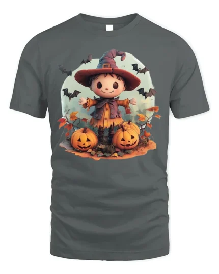 Cute Pumpkin Witch Scarecrow Halloween Graphic Tshirt - gray t-shirt on white background