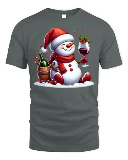 Festive Wine Snowman Christmas Holiday Graphic Tshirt - gray t-shirt on white background