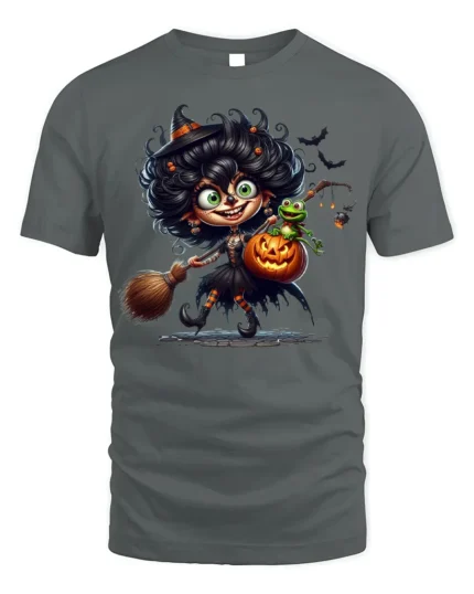 Playful Witch With Pumpkin Frog Halloween Graphic Tshirt - gray t-shirt on white background