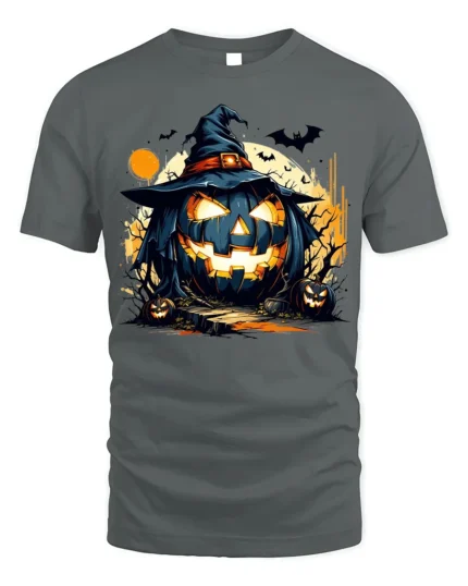 Wicked Pumpkin Witch Moonlight Halloween Graphic Tshirt - gray t-shirt on white background