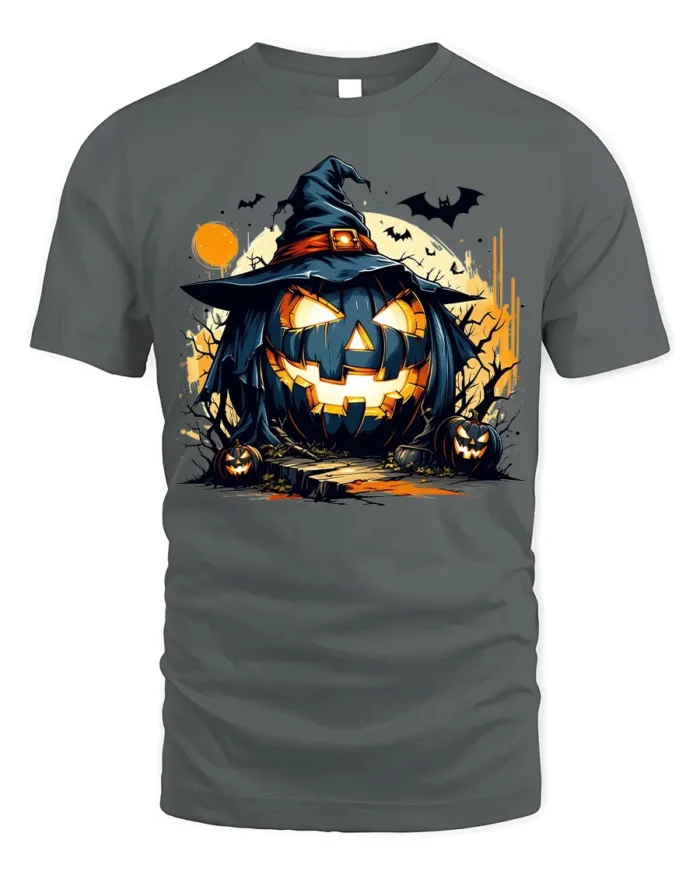 Wicked Pumpkin Witch Moonlight Halloween Graphic Tshirt - gray t-shirt on white background