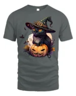 Black Cat Witch Pumpkin Halloween Graphic Tshirt - gray t-shirt on white background
