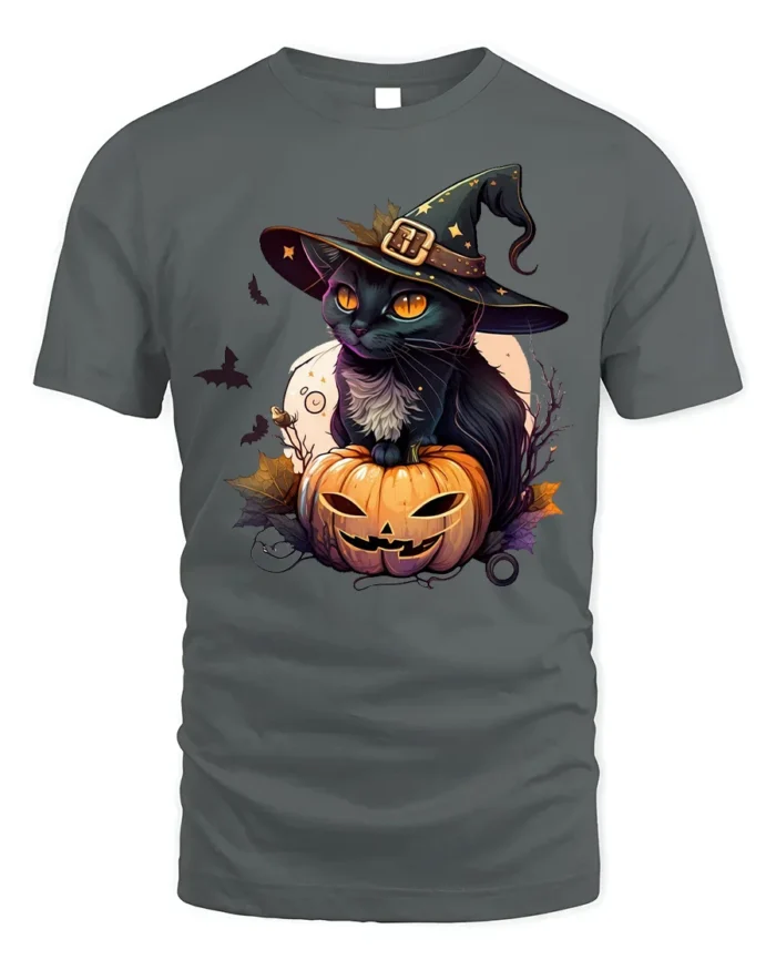 Black Cat Witch Pumpkin Halloween Graphic Tshirt - gray t-shirt on white background