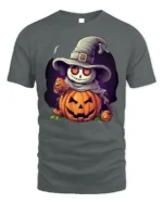 Smiling Pumpkin Skeleton Witch Halloween Graphic Tshirt - gray t-shirt on white background