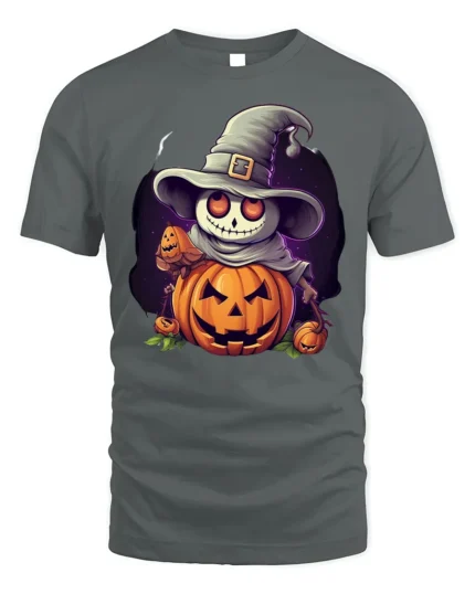 Smiling Pumpkin Skeleton Witch Halloween Graphic Tshirt - gray t-shirt on white background