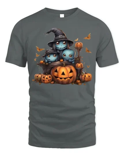 Cute Ghost Family Pumpkin Halloween Graphic Tshirt - gray t-shirt on white background