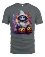 Hooded Ghost Pumpkin Glow Halloween Graphic Tshirt - gray t-shirt on white background