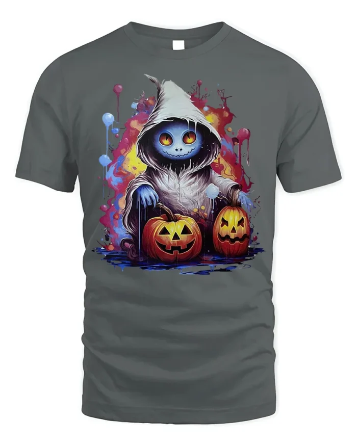 Hooded Ghost Pumpkin Glow Halloween Graphic Tshirt - gray t-shirt on white background