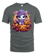 Adorable Kitten Pumpkin Pile Halloween Graphic Tshirt - gray t-shirt on white background