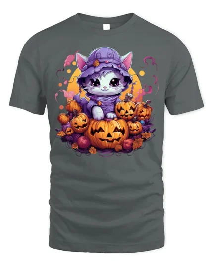 Adorable Kitten Pumpkin Pile Halloween Graphic Tshirt - gray t-shirt on white background