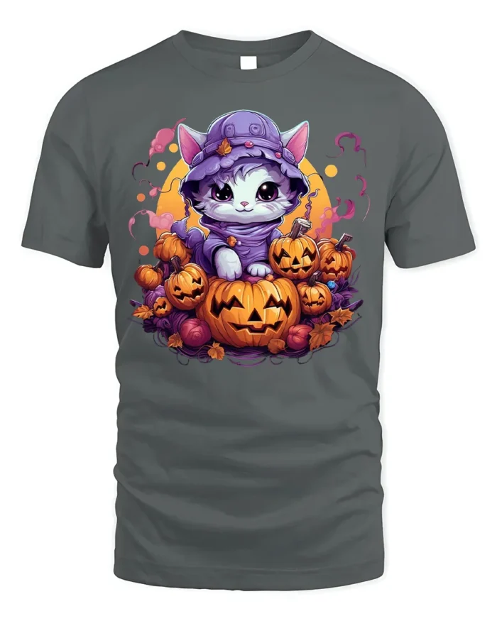 Adorable Kitten Pumpkin Pile Halloween Graphic Tshirt - gray t-shirt on white background