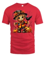 Colorful Patchwork Scarecrow Halloween Graphic Tshirt - red t-shirt on white background