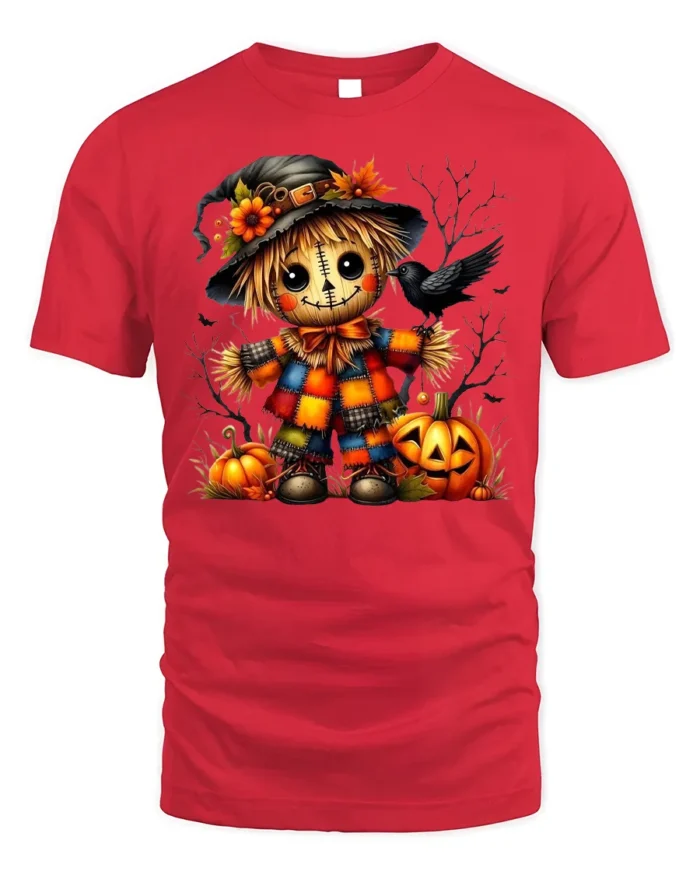 Colorful Patchwork Scarecrow Halloween Graphic Tshirt - red t-shirt on white background
