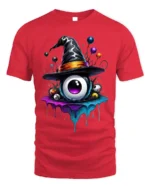 Witch Hat Eyeball Splash Creepy Halloween Graphic Tshirt - red t-shirt on white background