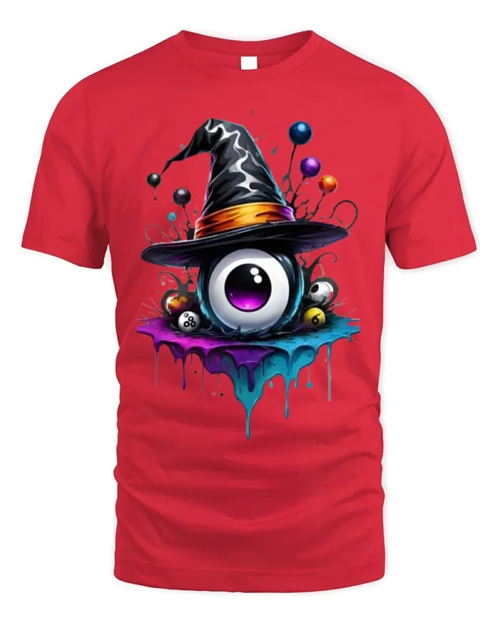 Witch Hat Eyeball Splash Creepy Halloween Graphic Tshirt - red t-shirt on white background