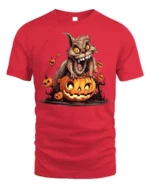 Crazy Squirrel Pumpkin Attack Halloween Graphic Tshirt - red t-shirt on white background