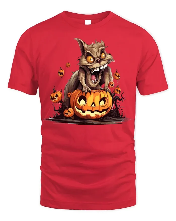 Crazy Squirrel Pumpkin Attack Halloween Graphic Tshirt - red t-shirt on white background