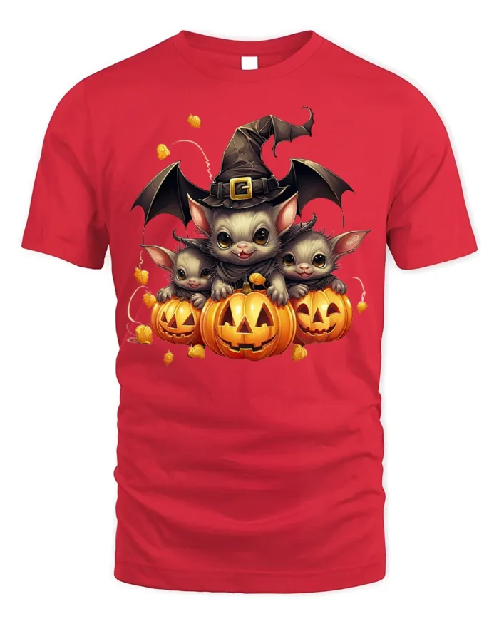 Cute Bat Family Pumpkin Witch Halloween Graphic Tshirt - red t-shirt on white background