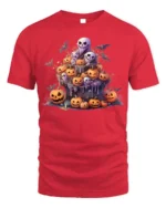 Ghost Pumpkin Pile Haunted Night Halloween Graphic Tshirt - red t-shirt on white background