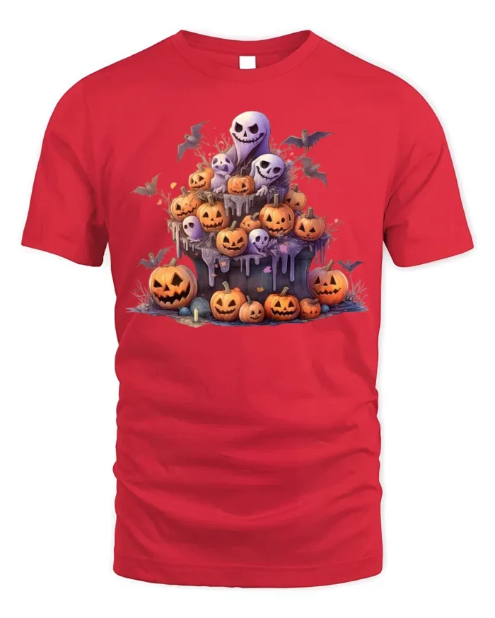Ghost Pumpkin Pile Haunted Night Halloween Graphic Tshirt - red t-shirt on white background