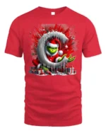 Mischief Green Santa Christmas Naughty Graphic Tshirt - red t-shirt on white background