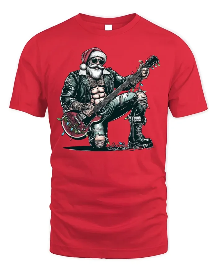 Rockstar Santa Guitar Christmas Holiday Graphic Tshirt - red t-shirt on white background