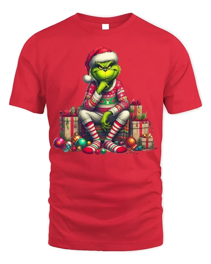Grumpy Green Santa Christmas Gifts Funny Graphic Tshirt - red t-shirt on white background