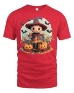 Cute Pumpkin Witch Scarecrow Halloween Graphic Tshirt - red t-shirt on white background