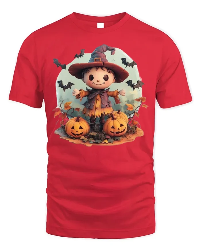 Cute Pumpkin Witch Scarecrow Halloween Graphic Tshirt - red t-shirt on white background