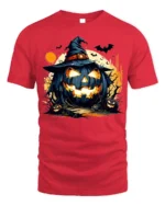 Wicked Pumpkin Witch Moonlight Halloween Graphic Tshirt - red t-shirt on white background
