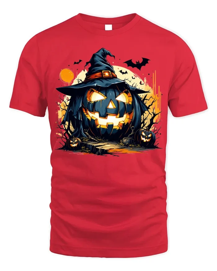 Wicked Pumpkin Witch Moonlight Halloween Graphic Tshirt - red t-shirt on white background