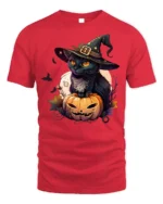 Black Cat Witch Pumpkin Halloween Graphic Tshirt - red t-shirt on white background