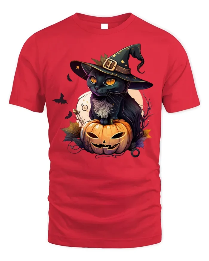 Black Cat Witch Pumpkin Halloween Graphic Tshirt - red t-shirt on white background