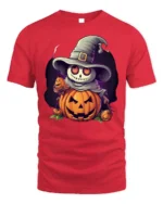Smiling Pumpkin Skeleton Witch Halloween Graphic Tshirt - red t-shirt on white background