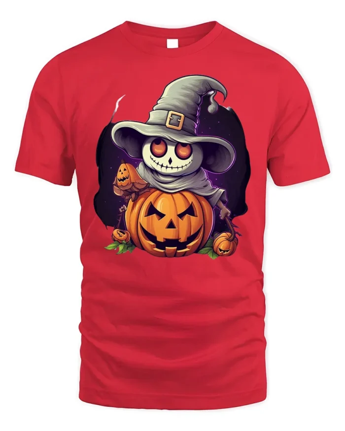 Smiling Pumpkin Skeleton Witch Halloween Graphic Tshirt - red t-shirt on white background