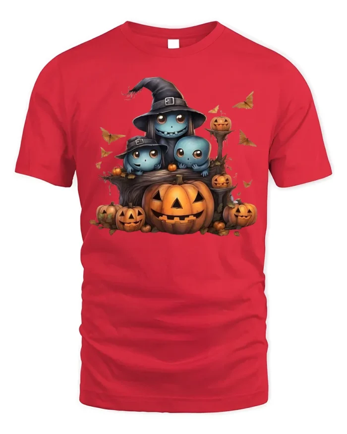 Cute Ghost Family Pumpkin Halloween Graphic Tshirt - red t-shirt on white background