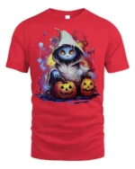 Hooded Ghost Pumpkin Glow Halloween Graphic Tshirt - red t-shirt on white background