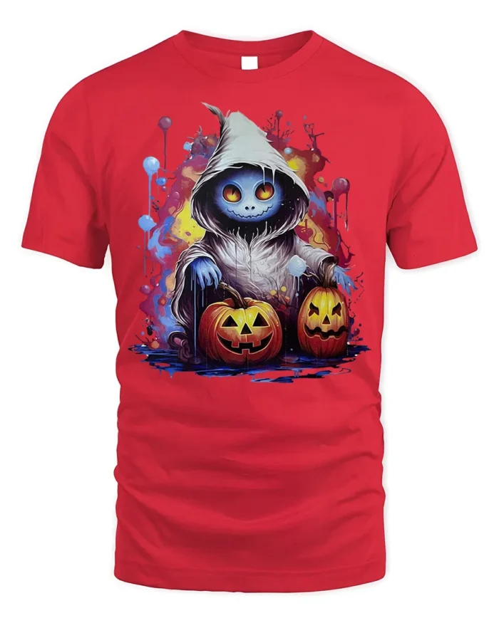 Hooded Ghost Pumpkin Glow Halloween Graphic Tshirt - red t-shirt on white background