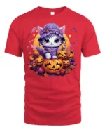 Adorable Kitten Pumpkin Pile Halloween Graphic Tshirt - red t-shirt on white background