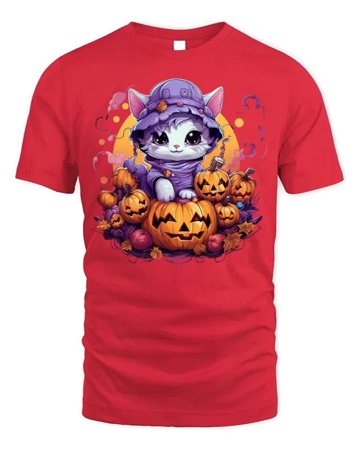 Adorable Kitten Pumpkin Pile Halloween Graphic Tshirt - red t-shirt on white background
