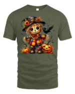 Colorful Patchwork Scarecrow Halloween Graphic Tshirt - military green t-shirt on white background