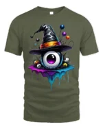 Witch Hat Eyeball Splash Creepy Halloween Graphic Tshirt - military green t-shirt on white background