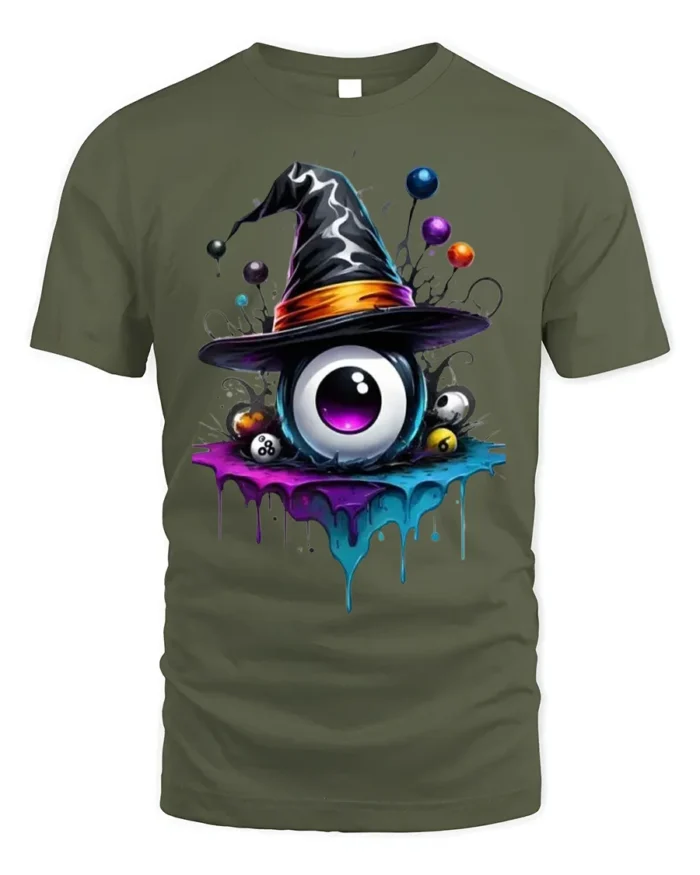 Witch Hat Eyeball Splash Creepy Halloween Graphic Tshirt - military green t-shirt on white background
