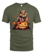 Crazy Squirrel Pumpkin Attack Halloween Graphic Tshirt - military green t-shirt on white background
