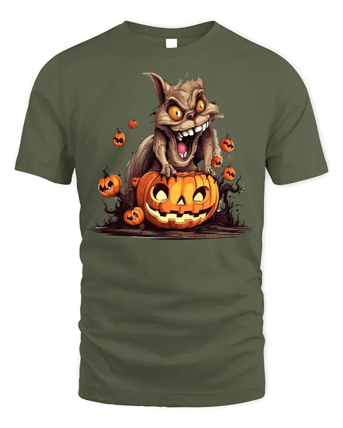 Crazy Squirrel Pumpkin Attack Halloween Graphic Tshirt - military green t-shirt on white background